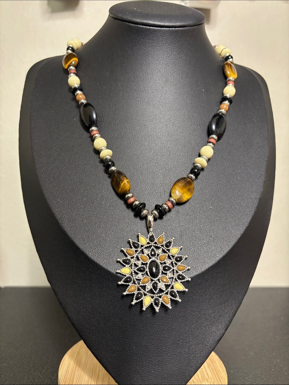 Chaps Western Boho Tigers Eye Stone Beaded Sunburst Pendant Necklace